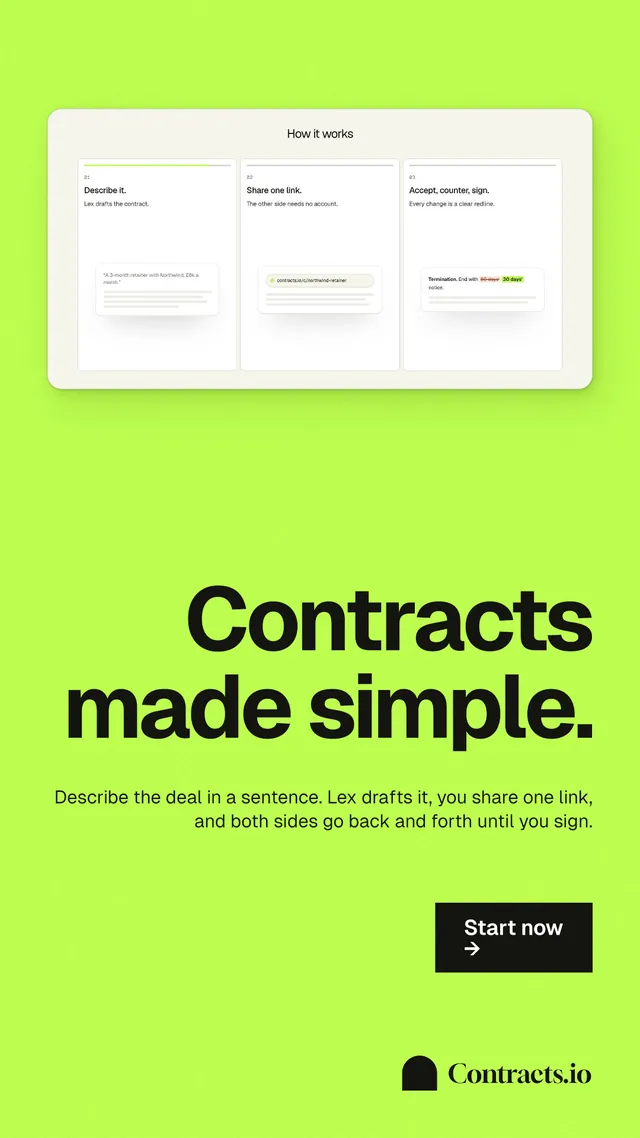 Instagram story for contracts.io: "Contracts made simple." Swiss style, right layout, light palette in green.