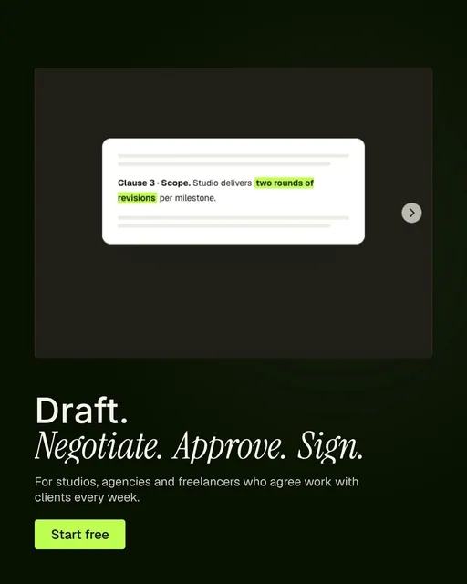 Video for contracts.io: "Draft. Negotiate. Approve. Sign.". Doc motion loop, 7.0 s, dark palette.