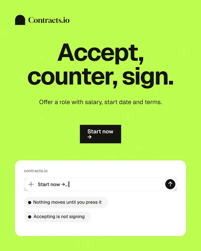 Instagram portrait post for contracts.io: "Accept, counter, sign." Swiss style, centred layout, light palette in green, white.