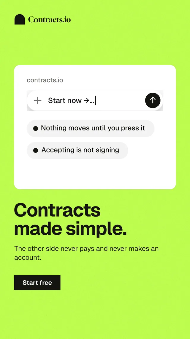 Instagram story for contracts.io: "Contracts made simple." Swiss style, bottom layout, light palette in green, white.