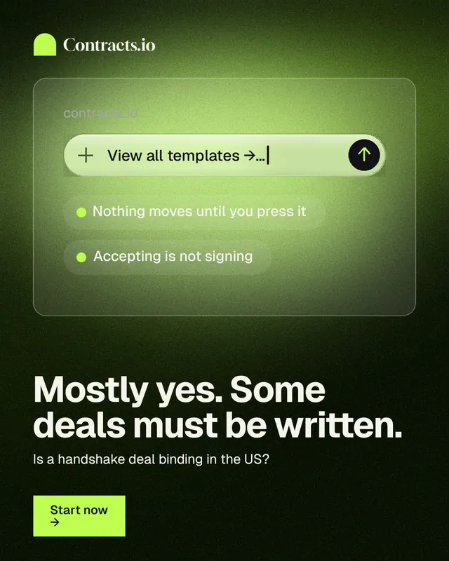 Instagram portrait post for contracts.io: "Mostly yes. Some deals must be written." Swiss style, bottom layout, dark palette in black, green.