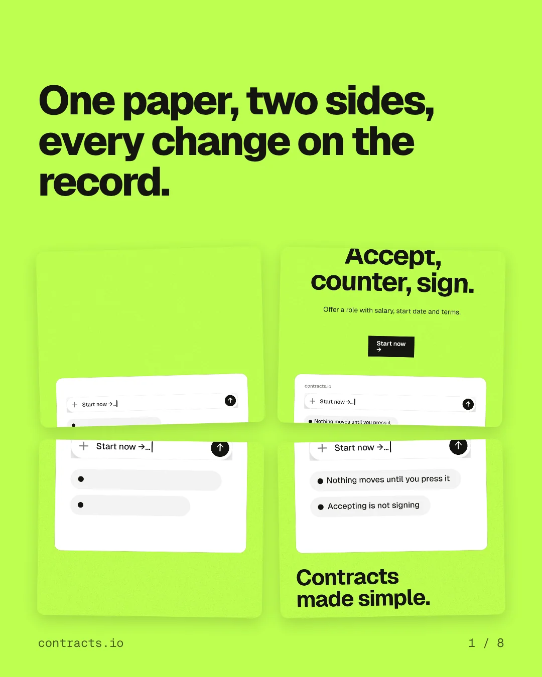 Carousel for contracts.io: "One paper, two sides, every change on the record.". Collection carousel, 8 slides, light palette.