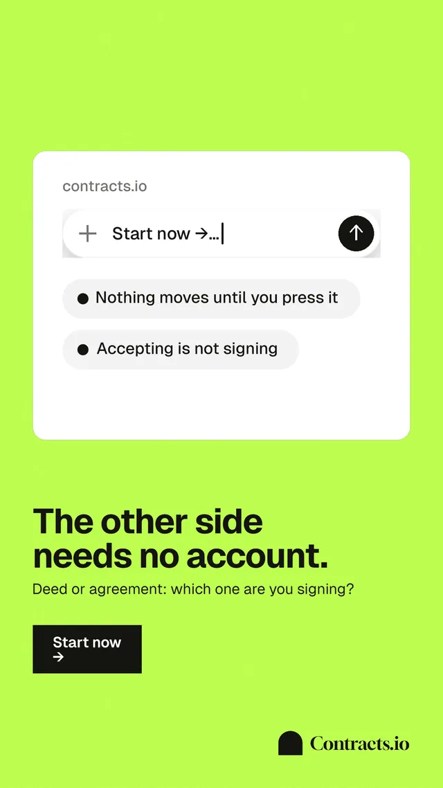 Instagram story for contracts.io: "The other side needs no account." Swiss style, bottom layout, light palette in white, green.