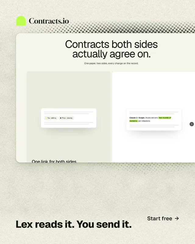 Instagram portrait post for contracts.io: "Lex reads it. You send it." Ink sticker style, image led layout, light palette in yellow, white, grey.
