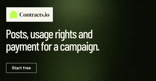 Social ad for contracts.io: "Posts, usage rights and payment for a campaign." Dark deco style, announce layout, dark palette in green, black, grey.