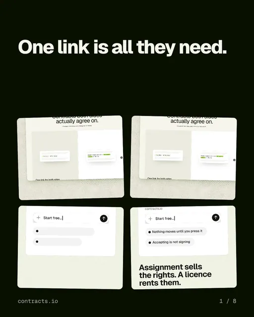 Carousel for contracts.io: "One link is all they need.". Collection carousel, 8 slides, light palette.