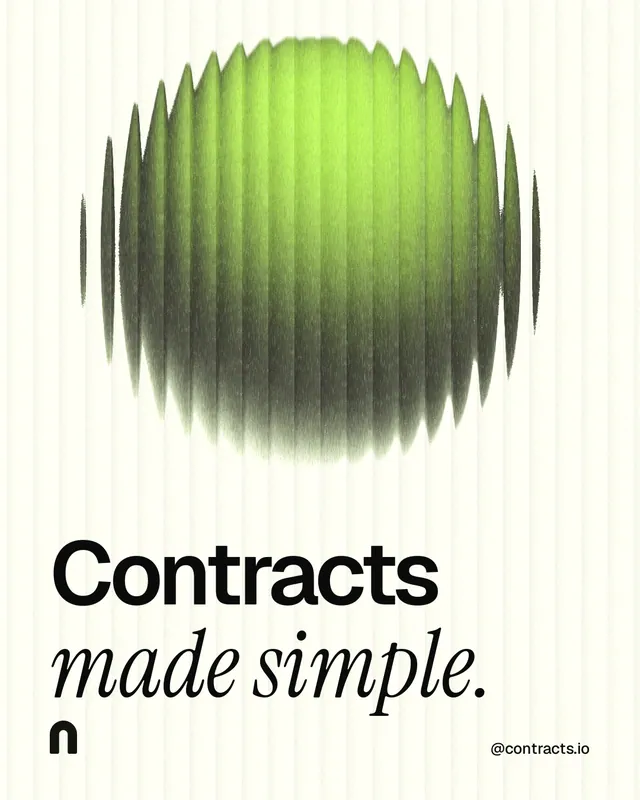 Instagram portrait post for contracts.io: "Contracts made simple." Auto 4x5 style, technique:shader field layout, light palette in white, grey, green.