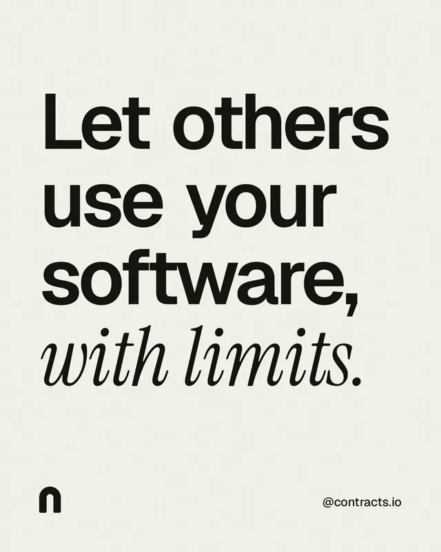 Instagram portrait post for contracts.io: "Let others use your software, with limits." Editorial style, technique:mixed type lockup layout, light palette in white, grey.