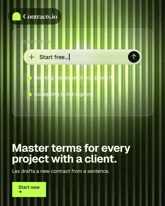 Instagram portrait post for contracts.io: "Master terms for every project with a client." Swiss style, bottom layout, dark palette in green, black.