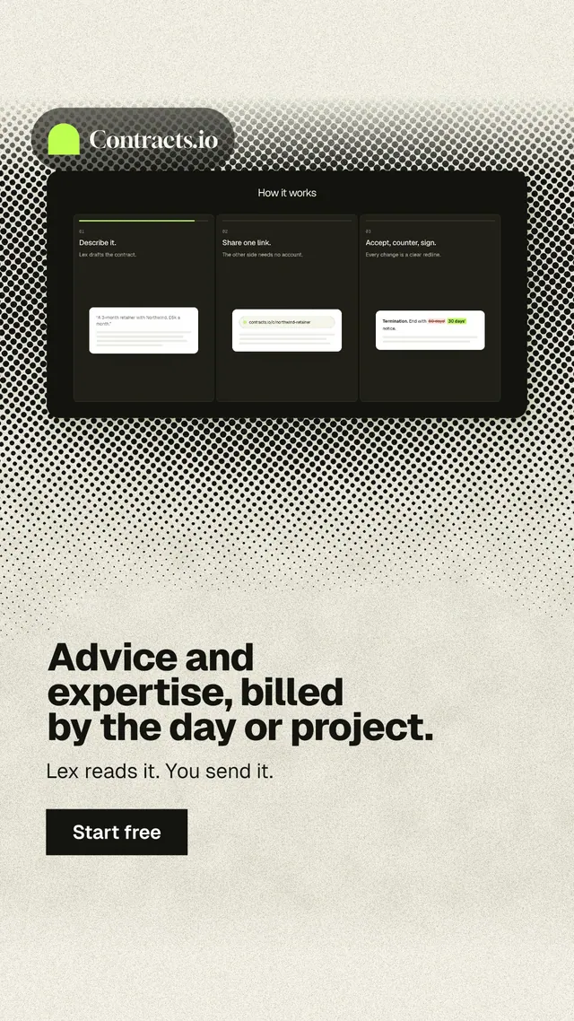 Instagram story for contracts.io: "Advice and expertise, billed by the day or project." Ink sticker style, bottom layout, light palette in black, yellow, grey.
