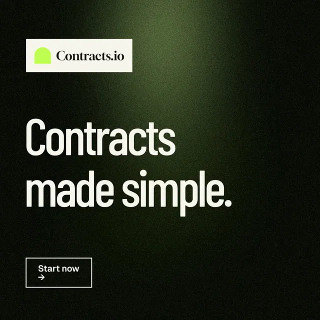 Instagram post for contracts.io: "Contracts made simple." Dark deco style, announce layout, dark palette in black, grey.