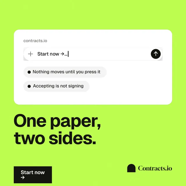 Instagram post for contracts.io: "One paper, two sides." Swiss style, bottom layout, light palette in green, white.