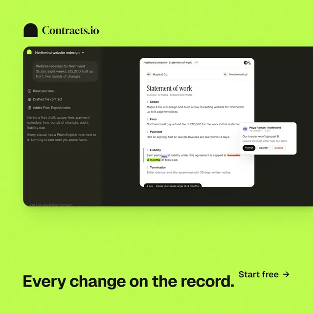 Instagram post for contracts.io: "Every change on the record." Swiss style, image led layout, light palette in green, black.