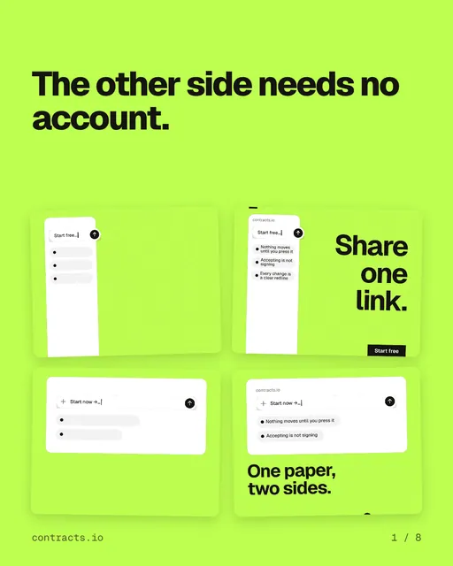 Carousel for contracts.io: "The other side needs no account.". Collection carousel, 8 slides, light palette.