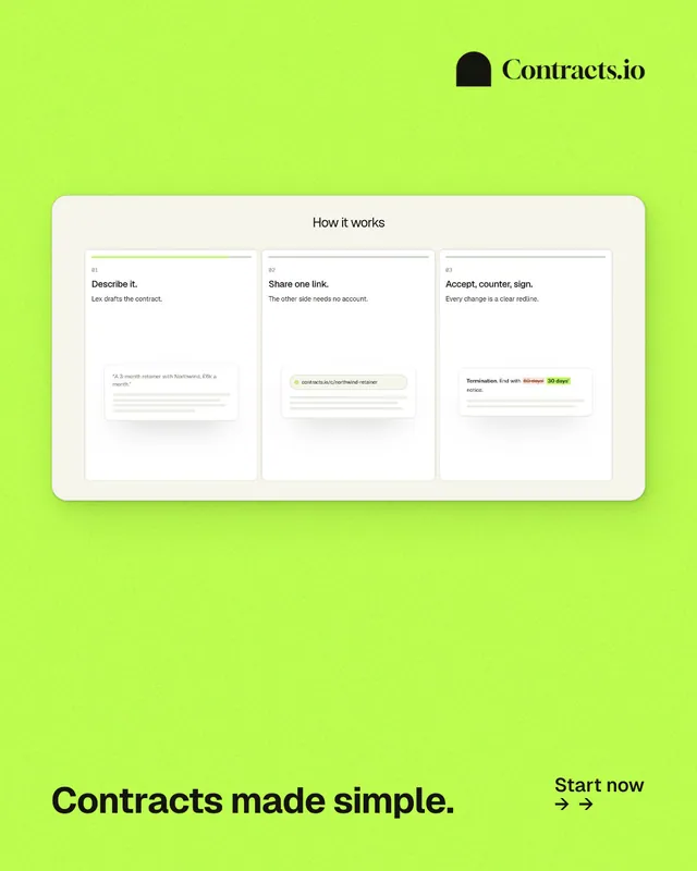 Instagram portrait post for contracts.io: "Contracts made simple." Swiss style, image led layout, light palette in green, white.