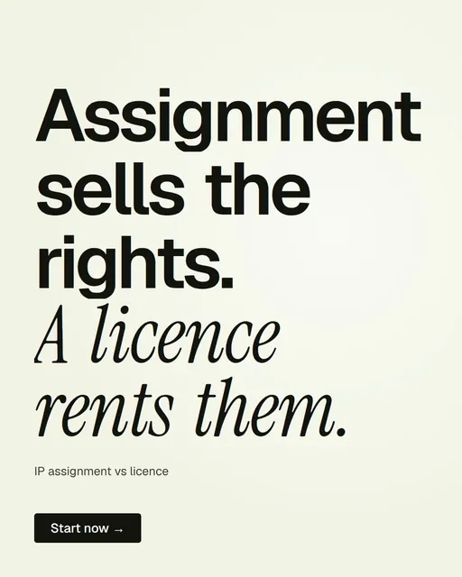 Video for contracts.io: "Assignment sells the rights. A licence rents them.". Kinetic type grid, 7.0 s, light palette.