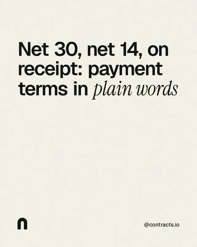 Instagram portrait post for contracts.io: "Net 30, net 14, on receipt: payment terms in plain words". Editorial style, technique:mixed type lockup layout, light palette in white, grey.