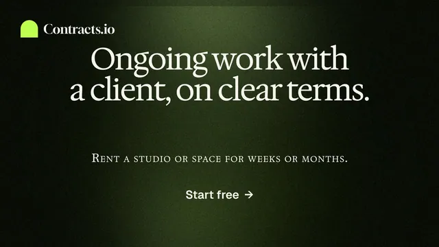 Landscape graphic for contracts.io: "Ongoing work with a client, on clear terms." Dark deco style, smallcaps layout, dark palette in black, grey.