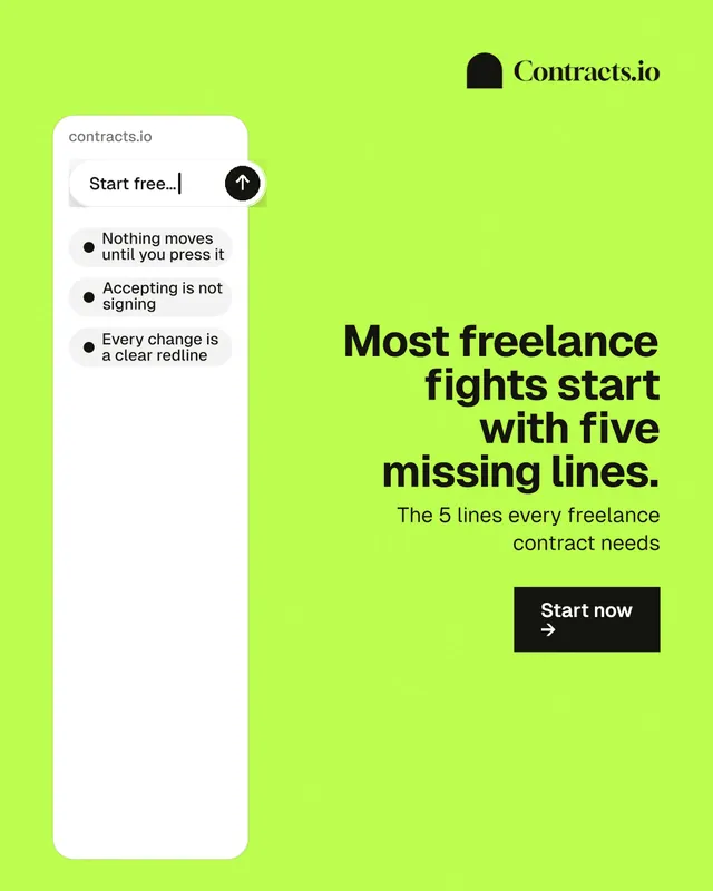 Instagram portrait post for contracts.io: "Most freelance fights start with five missing lines." Swiss style, right layout, light palette in green, white.