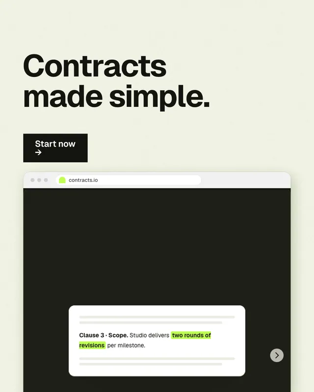 Instagram portrait post for contracts.io: "Contracts made simple." Swiss style, browser layout, light palette in green, black, white.