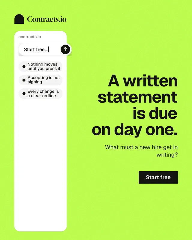 Instagram portrait post for contracts.io: "A written statement is due on day one." Swiss style, right layout, light palette in green.