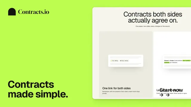 Landscape graphic for contracts.io: "Contracts made simple." Swiss style, image led layout, light palette in green.