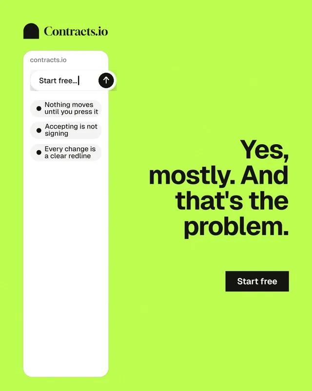 Instagram portrait post for contracts.io: "Yes, mostly. And that's the problem." Swiss style, right layout, light palette in green, white.