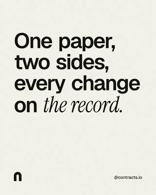 Instagram portrait post for contracts.io: "One paper, two sides, every change on the record." Editorial style, technique:mixed type lockup layout, light palette in white, grey.