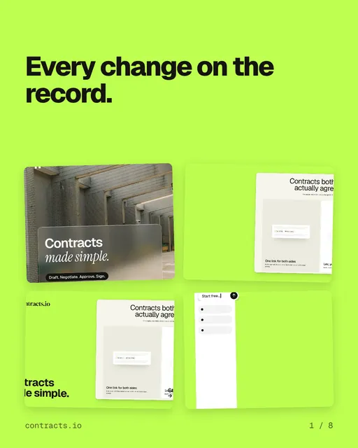 Carousel for contracts.io: "Every change on the record.". Collection carousel, 8 slides, light palette.