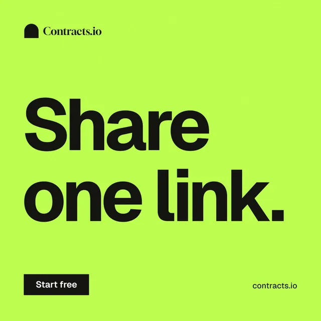 Instagram post for contracts.io: "Share one link." Swiss style, poster layout, light palette in green.