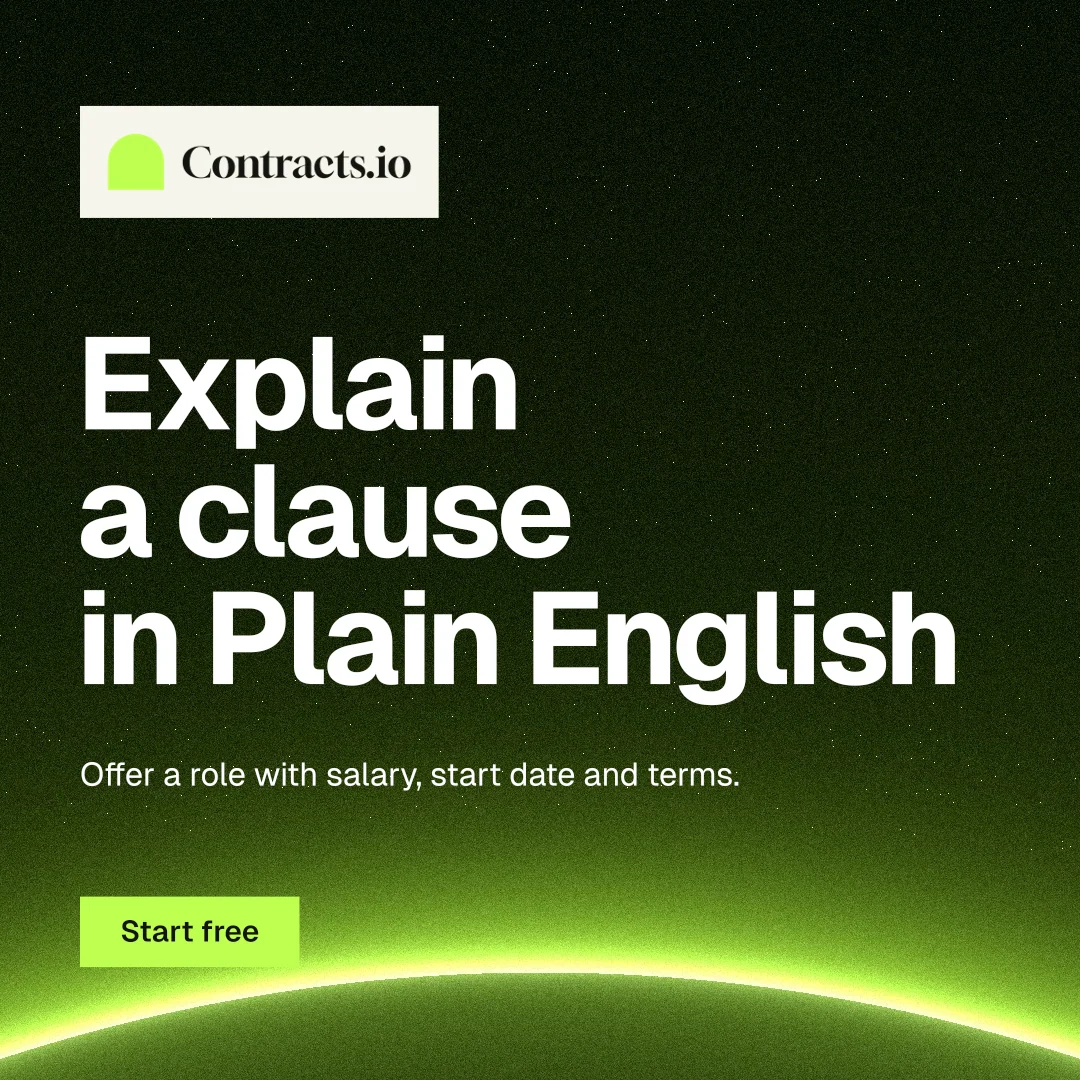 Instagram post for contracts.io: "Explain a clause in Plain English". Swiss style, announce layout, dark palette in green, black.