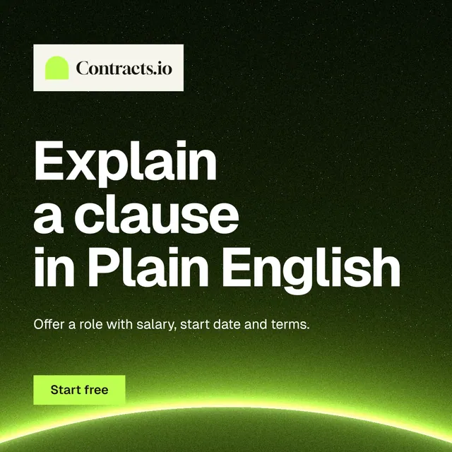 Instagram post for contracts.io: "Explain a clause in Plain English". Swiss style, announce layout, dark palette in green, black.