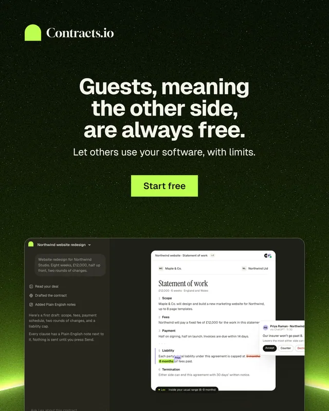 Instagram portrait post for contracts.io: "Guests, meaning the other side, are always free." Swiss style, centred layout, dark palette in black, green, white.