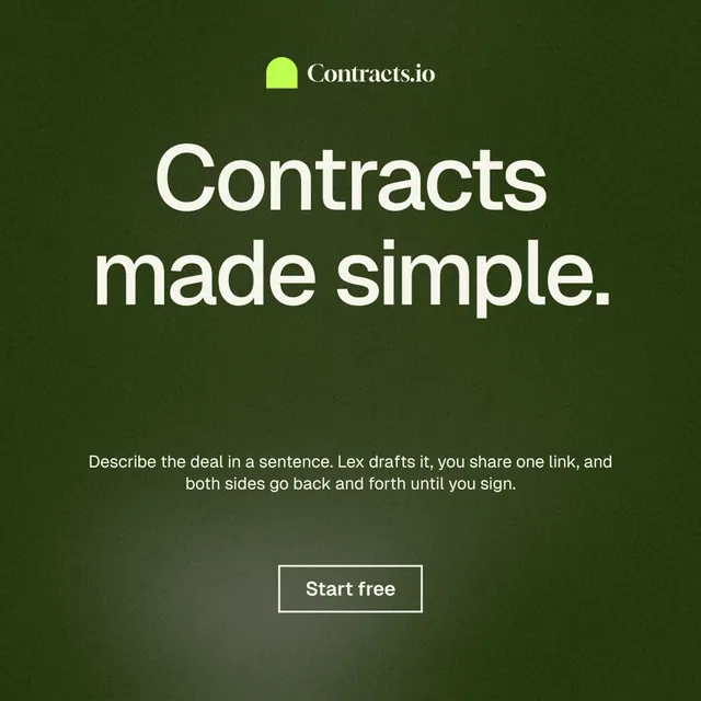 Instagram post for contracts.io: "Contracts made simple." Cyanotype style, centred layout, dark palette in green, grey.