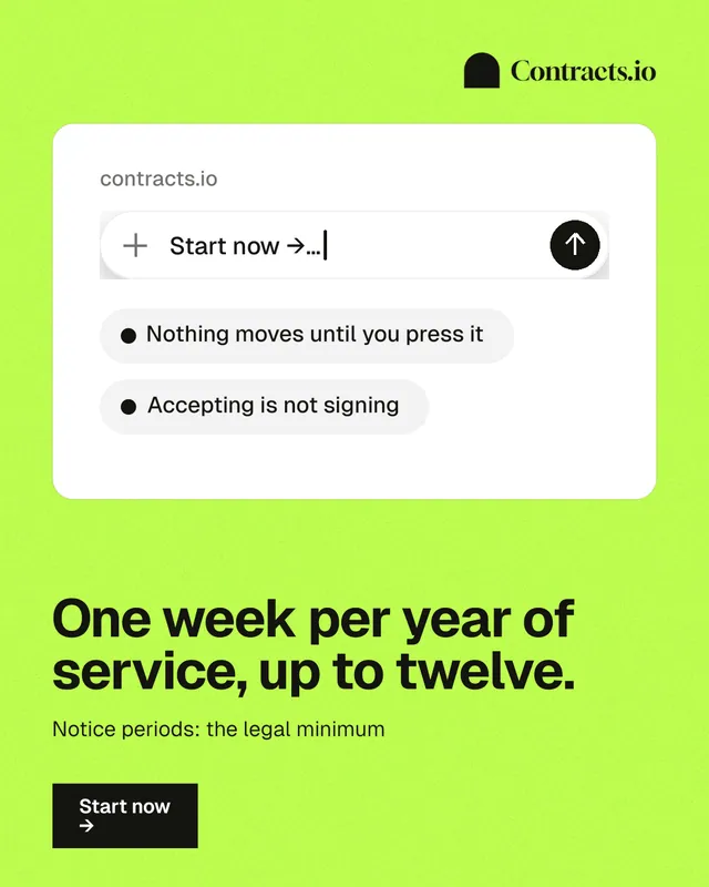 Instagram portrait post for contracts.io: "One week per year of service, up to twelve." Swiss style, bottom layout, light palette in green, white.