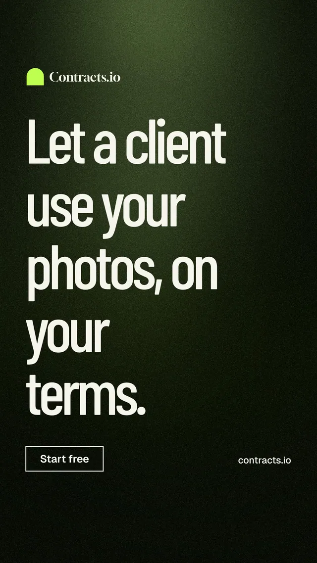 Instagram story for contracts.io: "Let a client use your photos, on your terms." Dark deco style, poster layout, dark palette in black, grey.