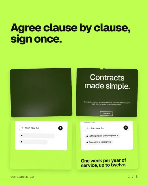 Carousel for contracts.io: "Agree clause by clause, sign once.". Collection carousel, 8 slides, light palette.
