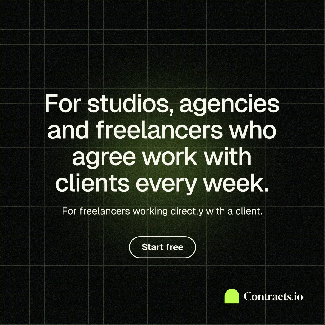 Instagram post for contracts.io: "For studios, agencies and freelancers who agree work with clients every week." Phosphor atlas style, centred layout, dark palette in black, green, grey.