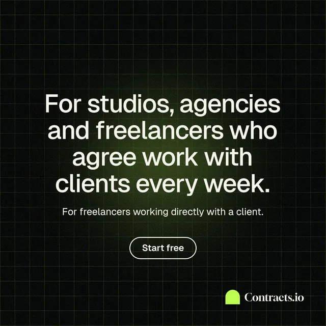 Instagram post for contracts.io: "For studios, agencies and freelancers who agree work with clients every week." Phosphor atlas style, centred layout, dark palette in black, green, grey.