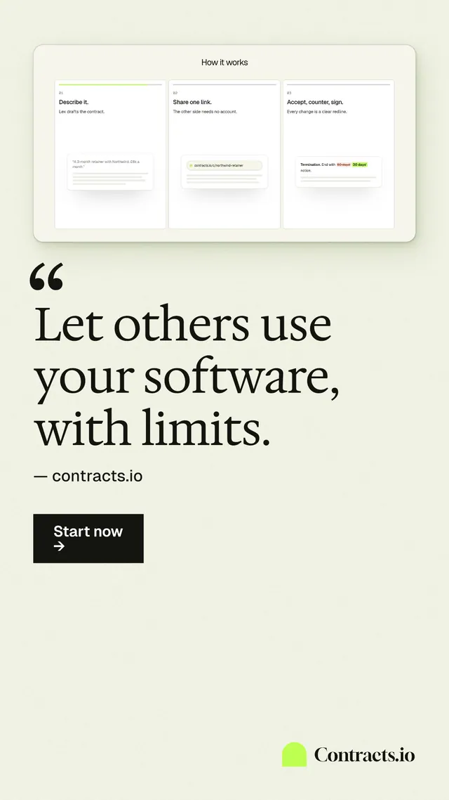 Instagram story for contracts.io: "Let others use your software, with limits." Swiss style, quote layout, light palette in white.