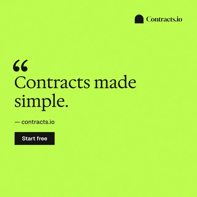Instagram post for contracts.io: "Contracts made simple." Swiss style, quote layout, light palette in green.