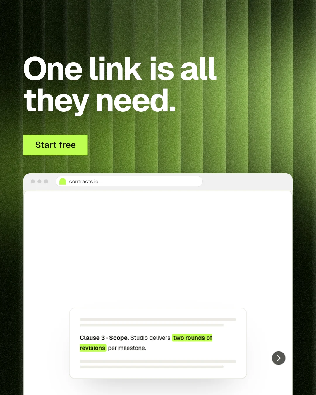 Instagram portrait post for contracts.io: "One link is all they need." Swiss style, browser layout, light palette in white, green.