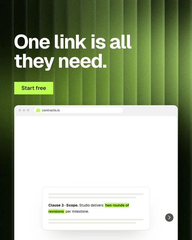 Instagram portrait post for contracts.io: "One link is all they need." Swiss style, browser layout, light palette in white, green.
