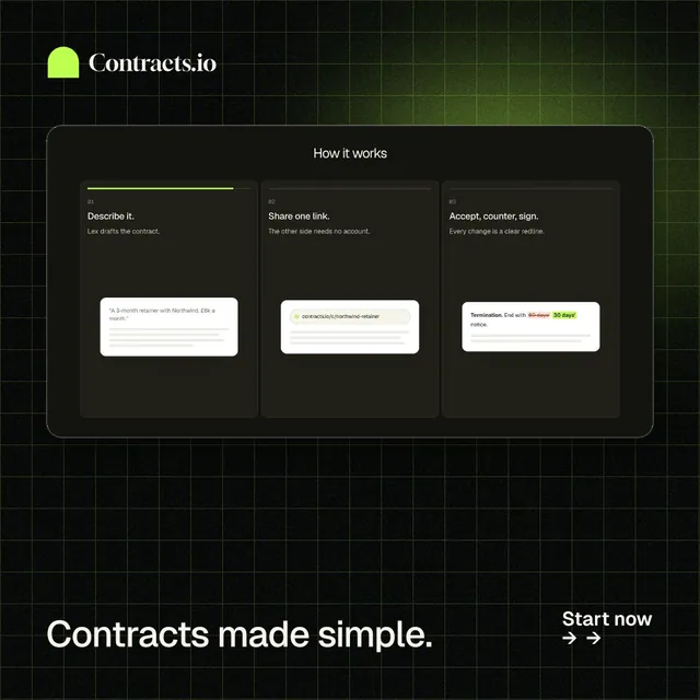Instagram post for contracts.io: "Contracts made simple." Phosphor atlas style, image led layout, dark palette in black, grey.