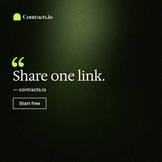 Instagram post for contracts.io: "Share one link." Dark deco style, quote layout, dark palette in black, green.