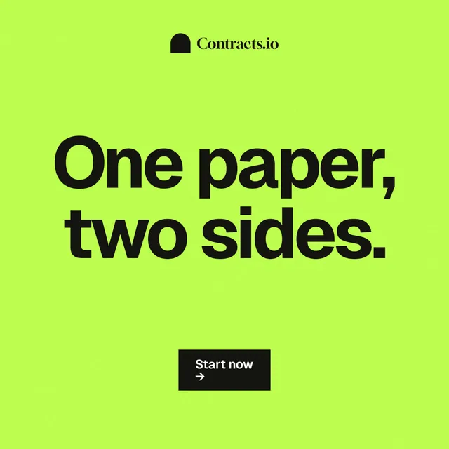 Instagram post for contracts.io: "One paper, two sides." Swiss style, centred layout, light palette in green.
