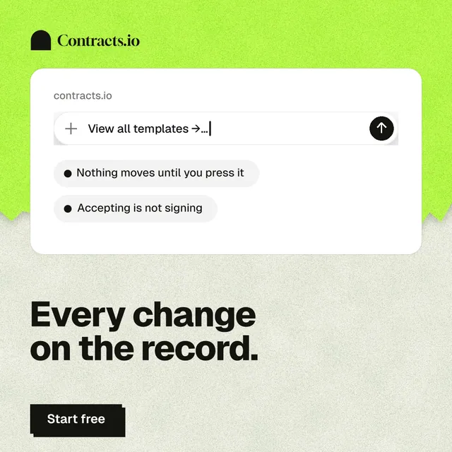 Instagram post for contracts.io: "Every change on the record." Paper trio style, bottom layout, light palette in green, white, grey.