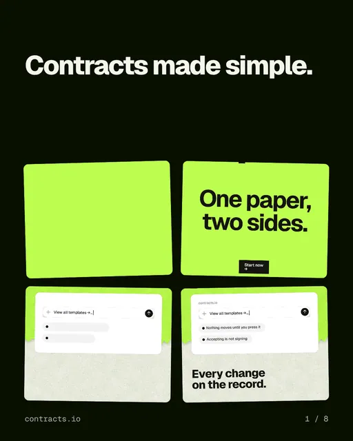 Carousel for contracts.io: "Contracts made simple.". Collection carousel, 8 slides, dark palette.