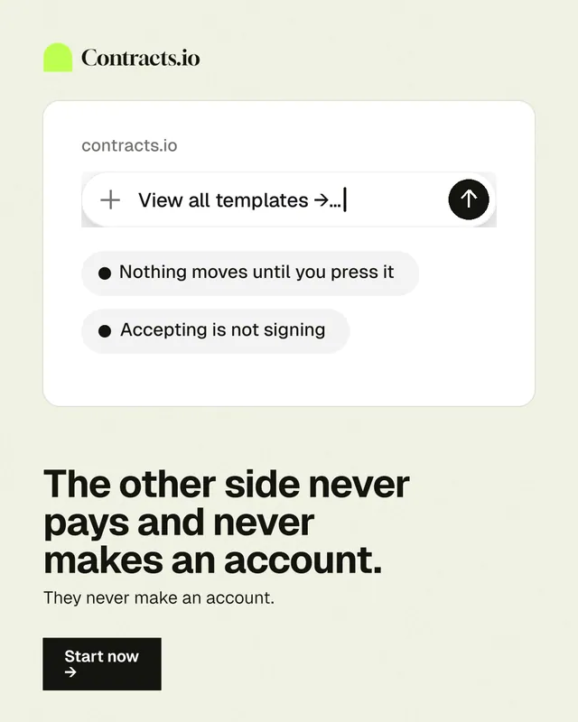 Instagram portrait post for contracts.io: "The other side never pays and never makes an account." Swiss style, bottom layout, light palette in white, grey.