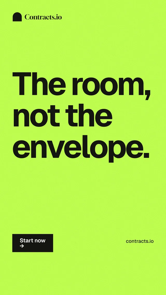 Instagram story for contracts.io: "The room, not the envelope." Swiss style, poster layout, light palette in green.